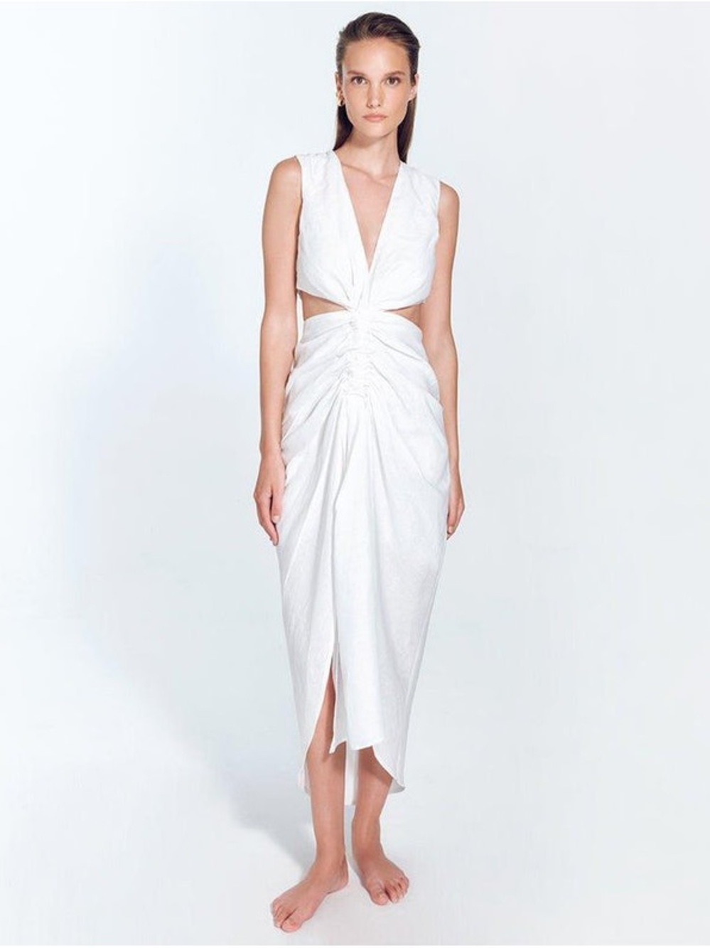MOEVA White Twist Ruched Cutout Midi Dress